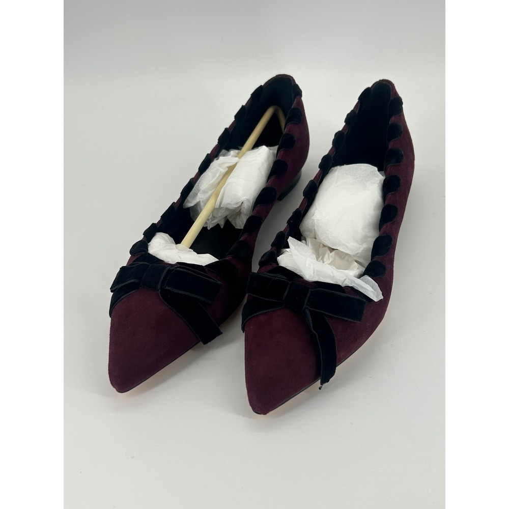 Kate Spade Velvet Bow Flats Burgundy Wine Scalloped Trim‎ Pointed Toe 8.5 NWT